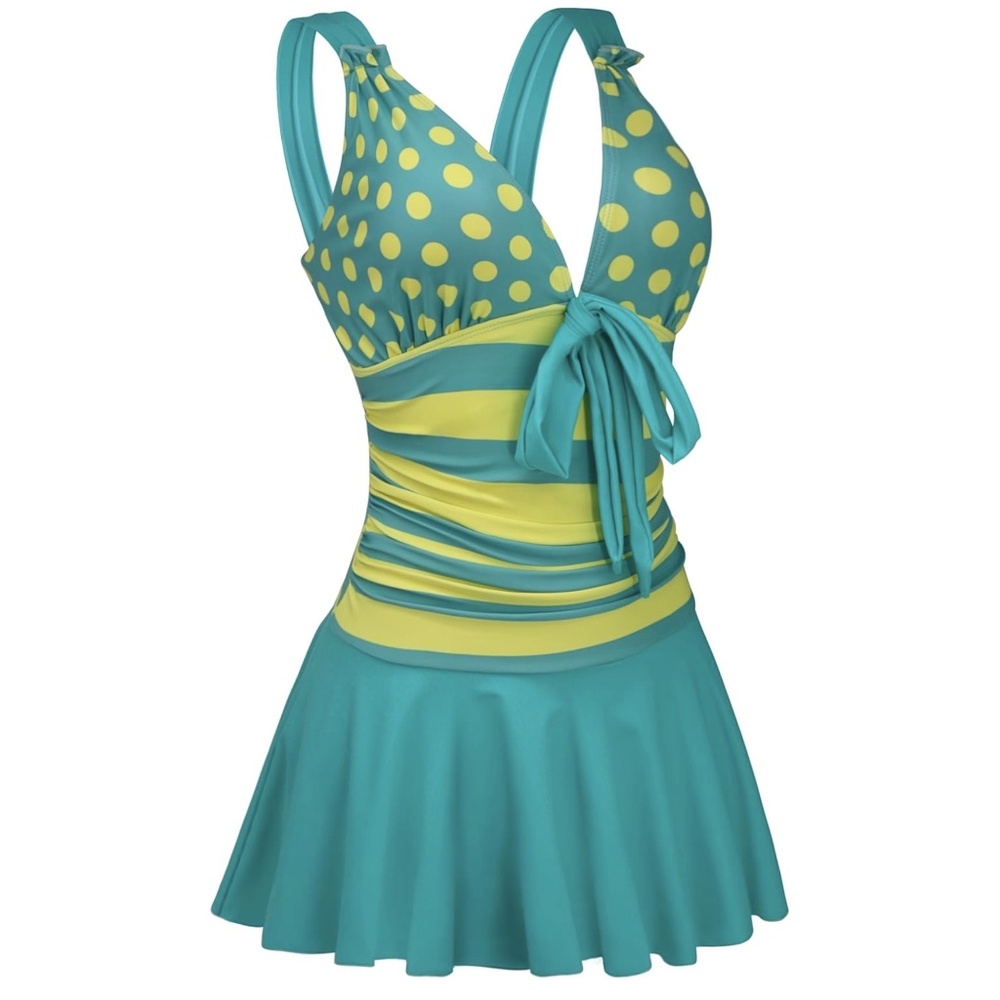 Retro Turquoise Polka Dot Swim Dress – Tummy Control Flare Skirt – Size L - Picture 3 of 8